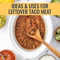 white crockpot with taco meat and a yellow banner and text