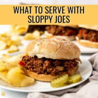 sloppy joe on a plate with yellow banner and text