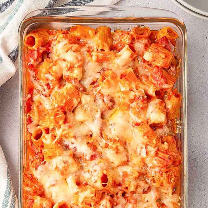 overhead picture of baked pasta in a casserole dish