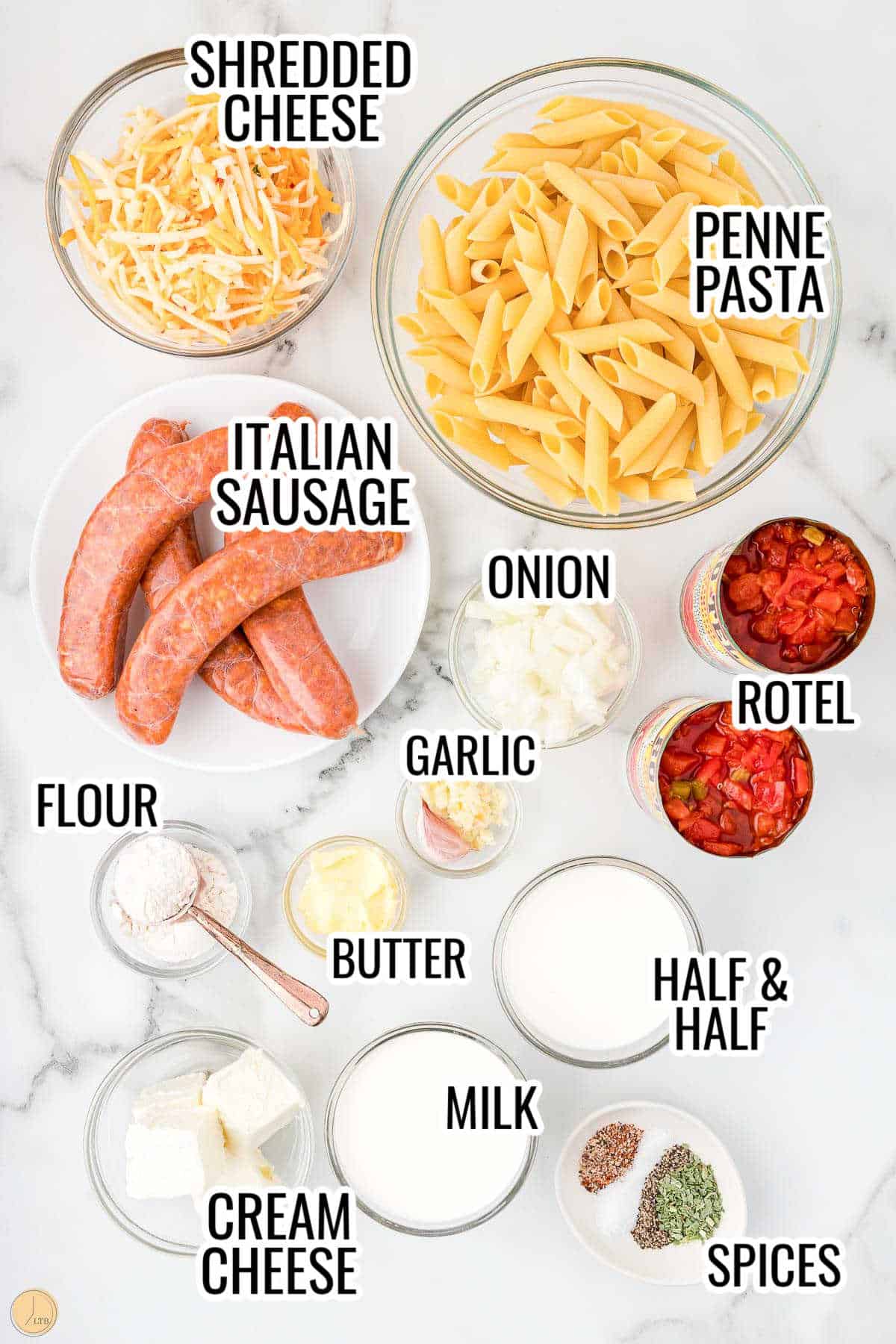 labeled picture of rotel pasta ingredients
