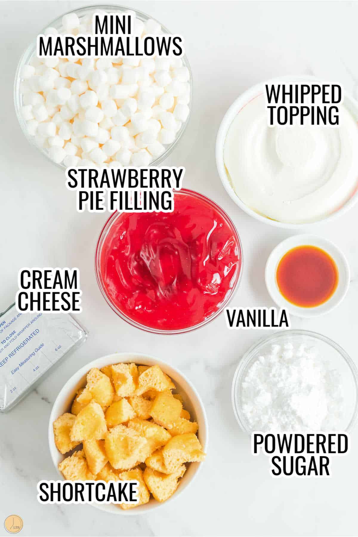 labeled picture of ingredients for fluff salad