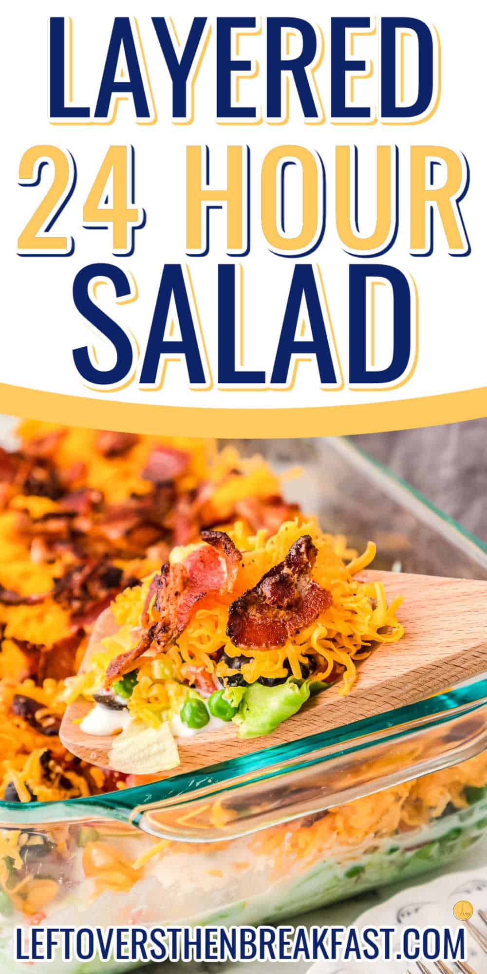 wood spoon with a scoop of salad with white banner and text