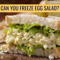 egg salad sandwich half with yellow banner and text