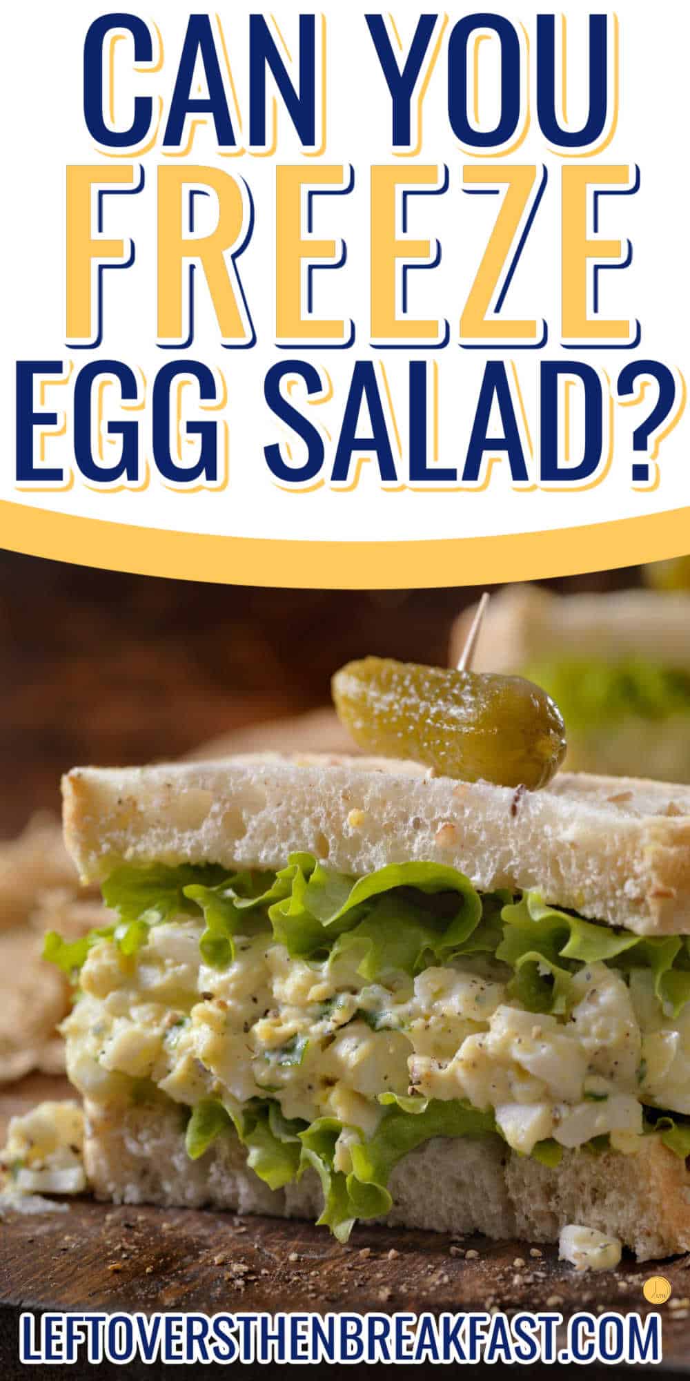 egg salad sandwich half with white banner and text