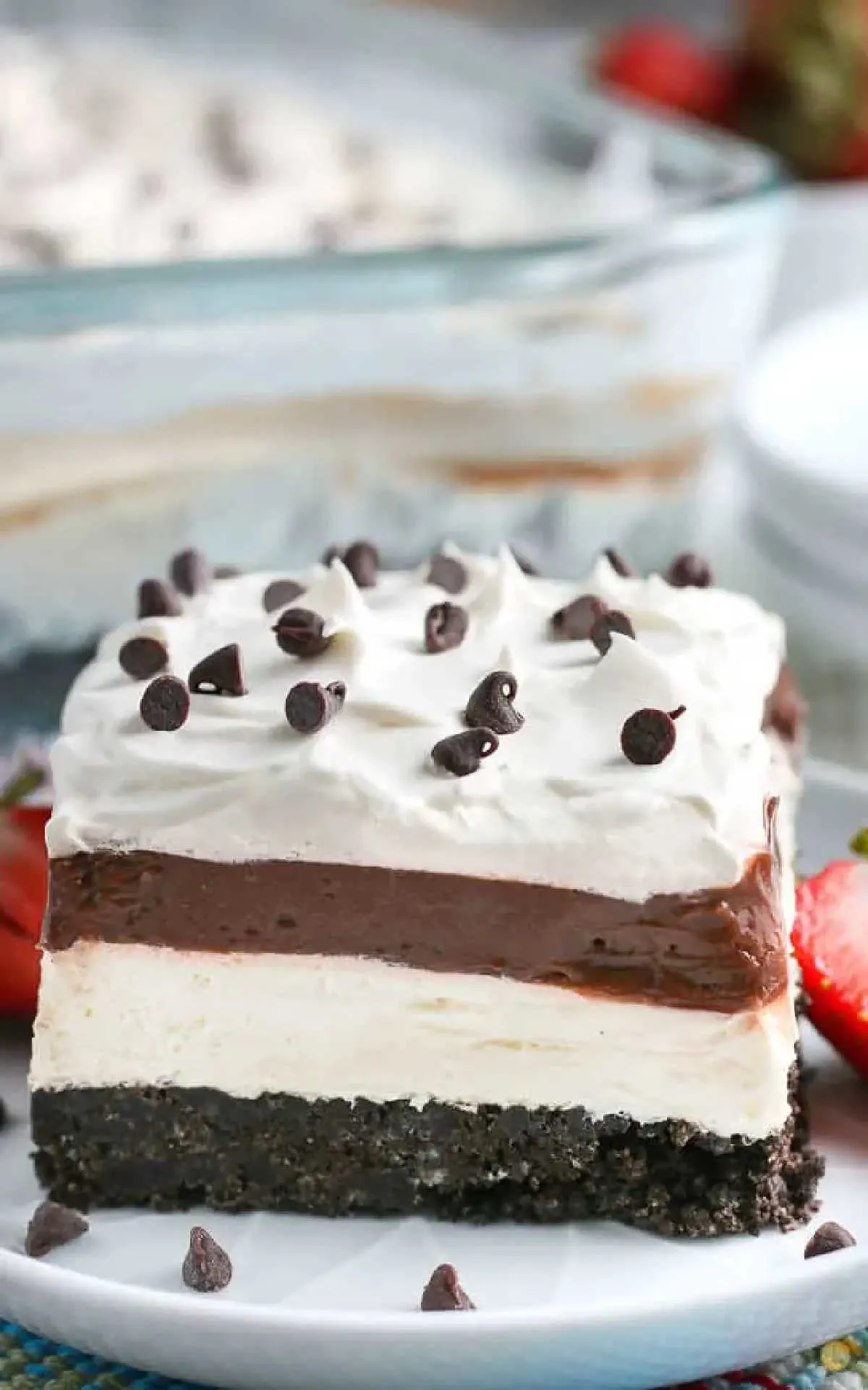 slice of no bake chocolate lasagna dessert