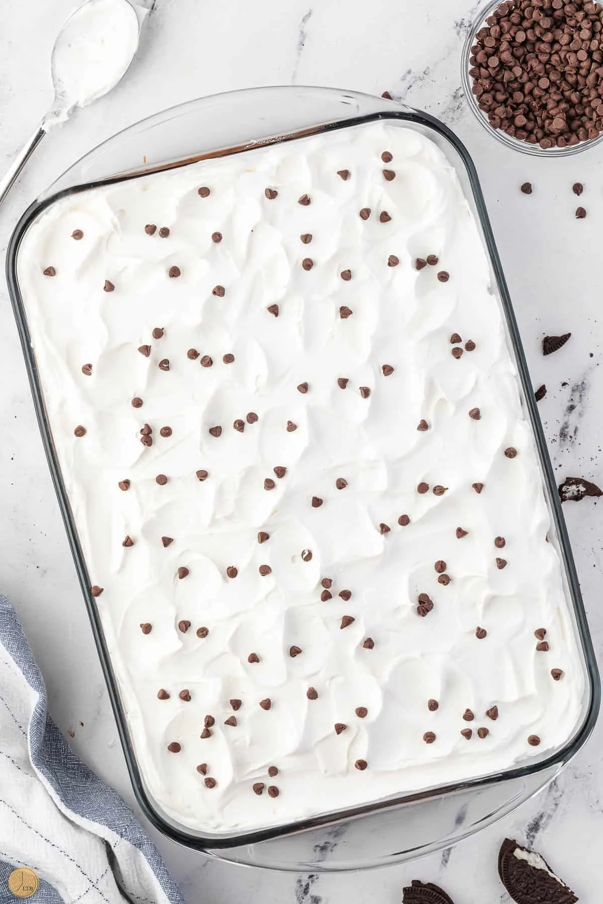 creamy chocolate lasagna recipe topped with mini chocolate chips