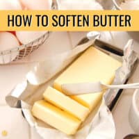 block of butter being cut into pats with a butter knife and a yellow banner with black text