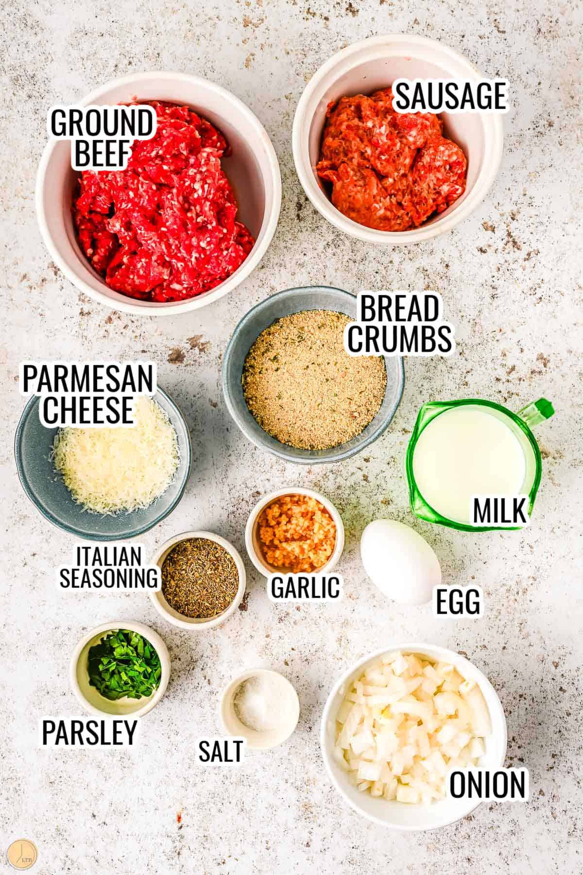 labeled picture of ingredients in individual bowls
