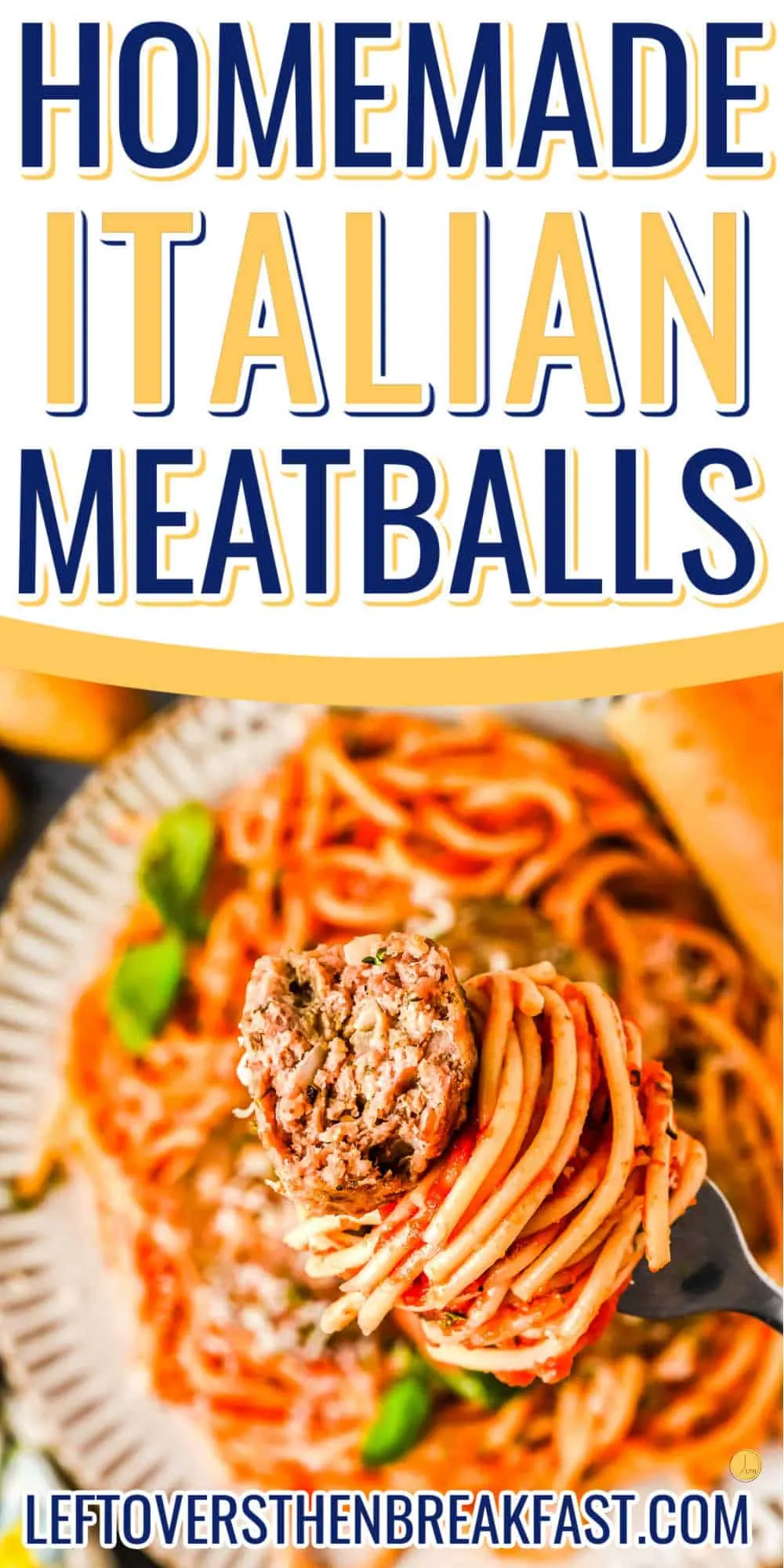 fork of spaghetti and one meatball with white banner and text
