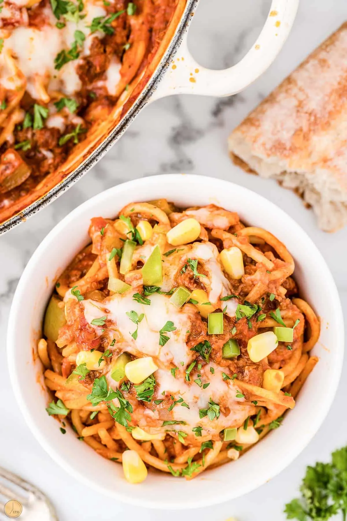 overhead picture of bowl of mexican spaghetti