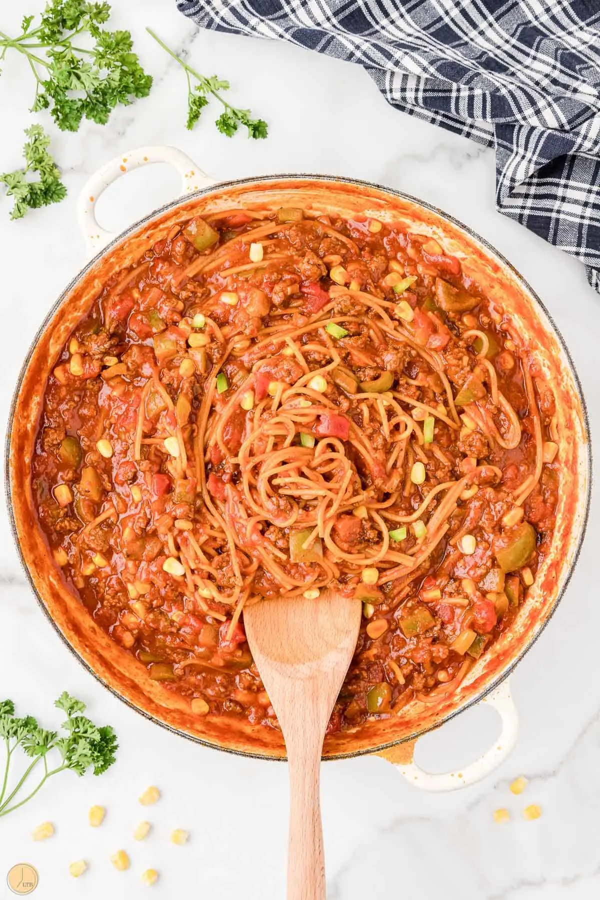 mexican spaghetti in a pot with a spoon