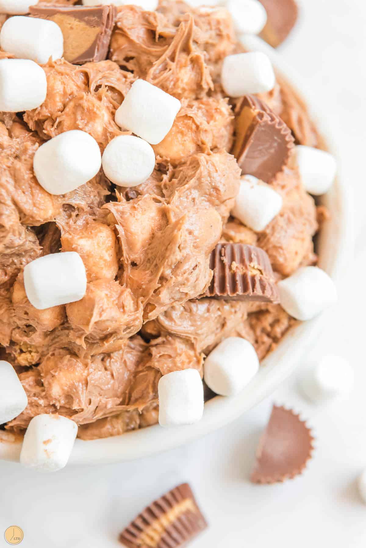 close up of peanut butter fluff topped with miniature marshmallows