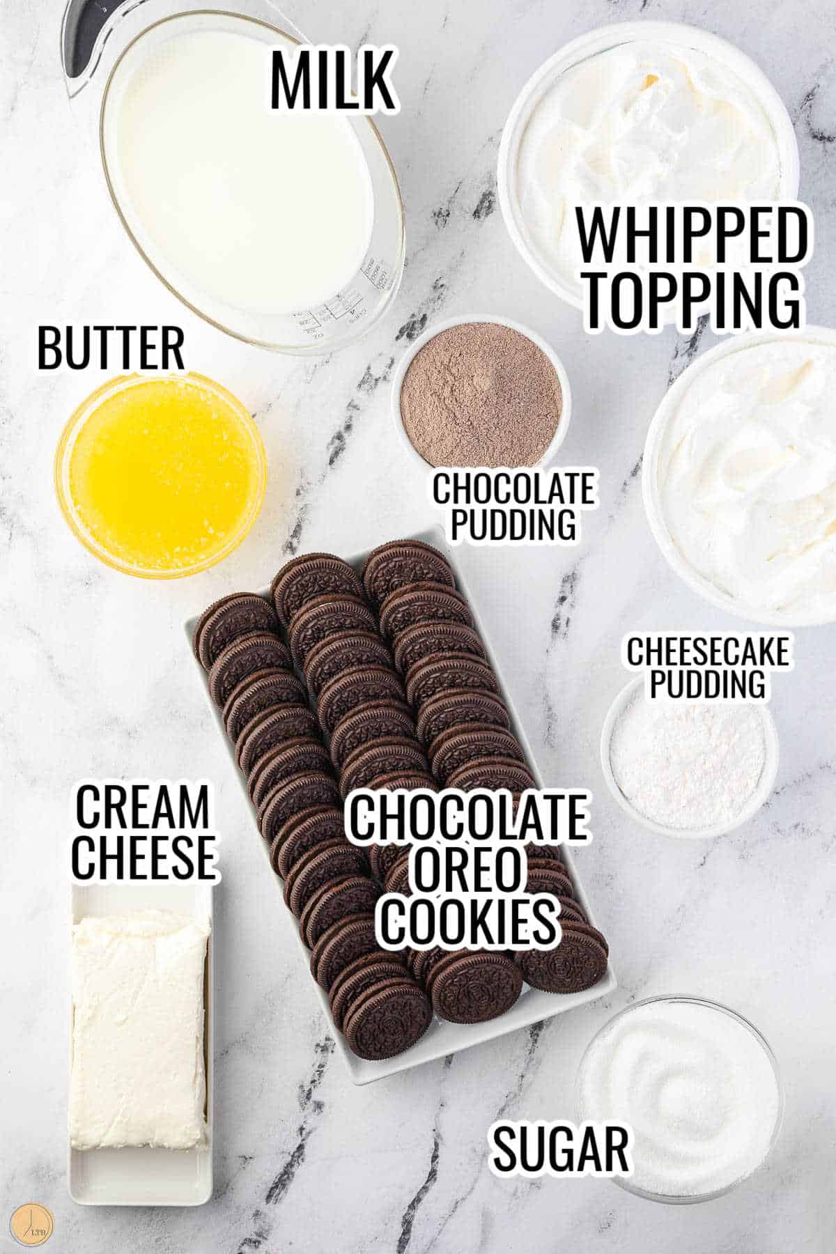 labeled picture of ingredients for easy chocolate lasagna