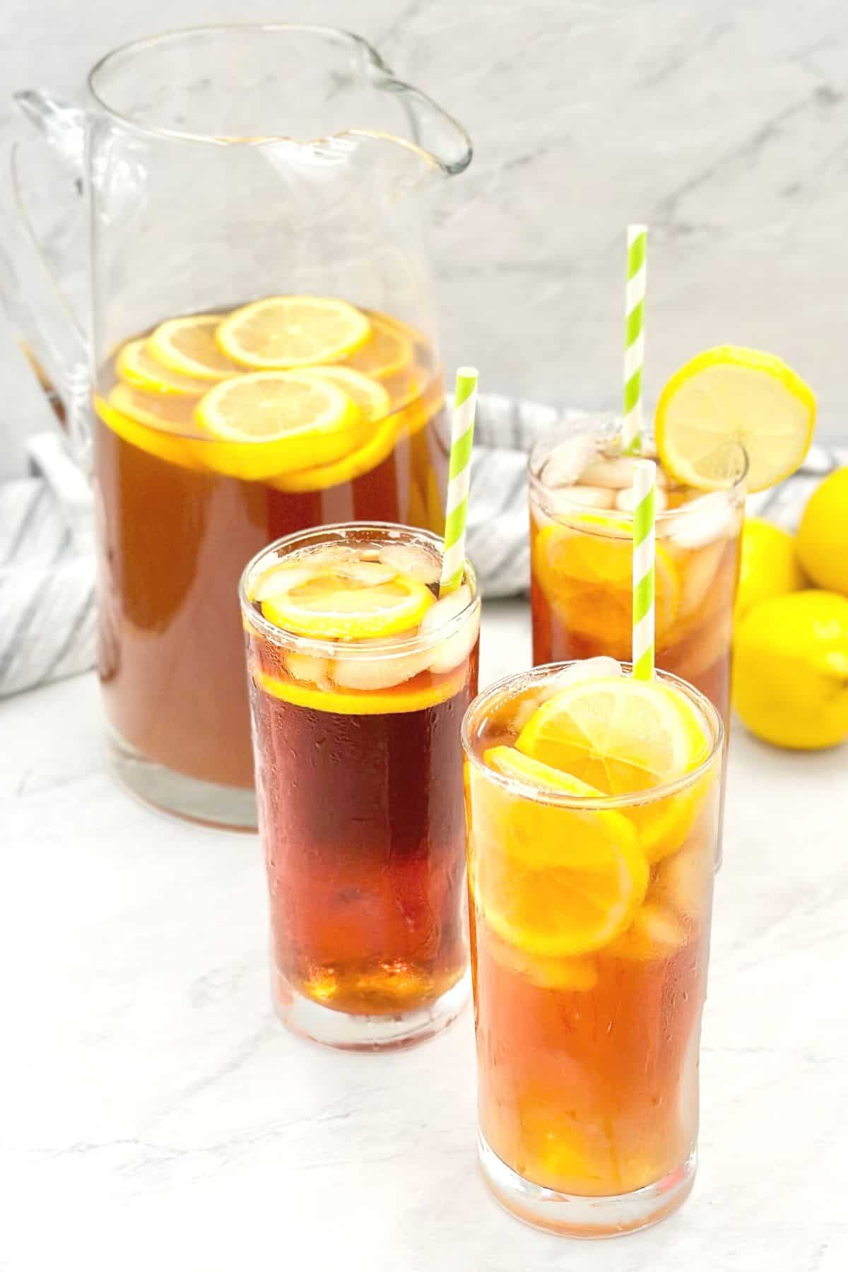 iced tea in glasses and a pitcher