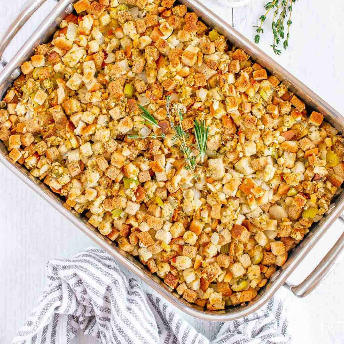 overhead picture of silver pan of stuffing