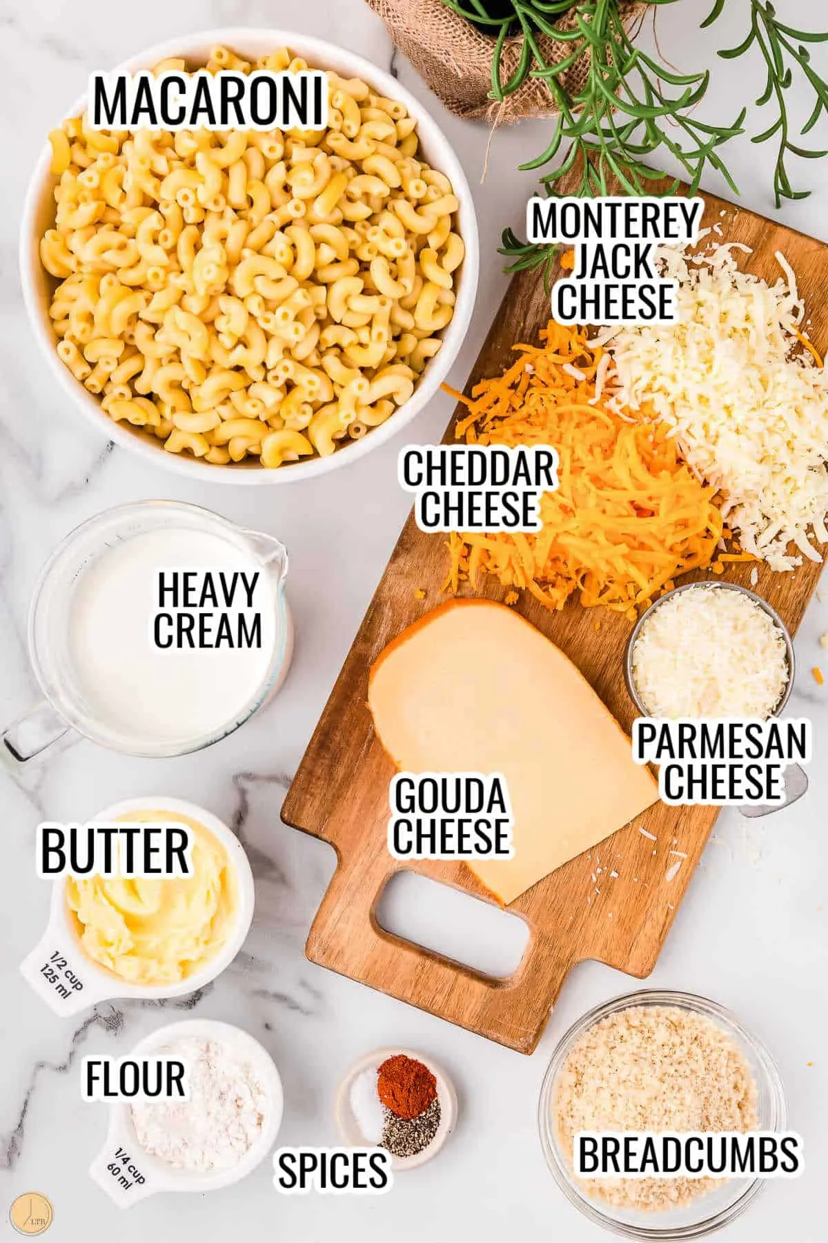 labeled picture of mac and cheese ingredients