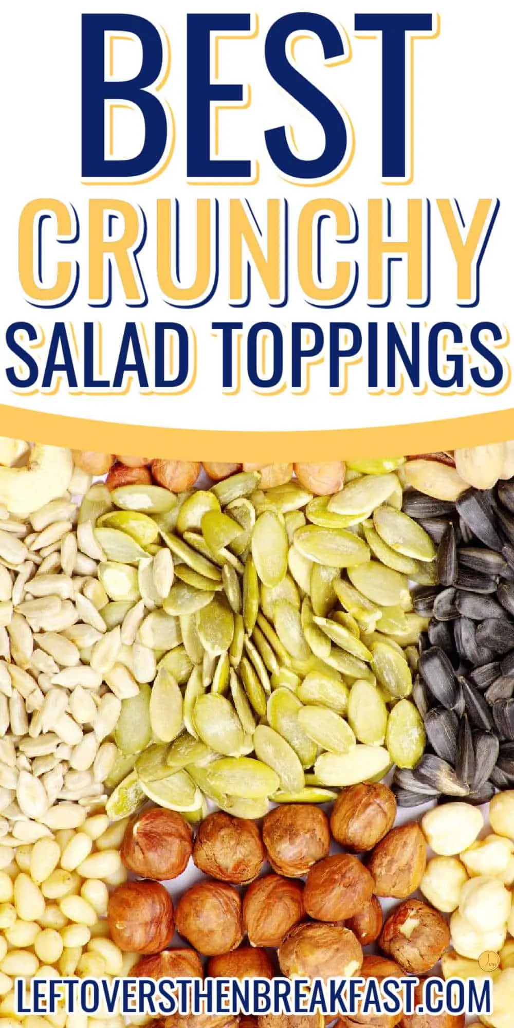 seeds and nuts with white banned and text "best crunchy salad toppings"