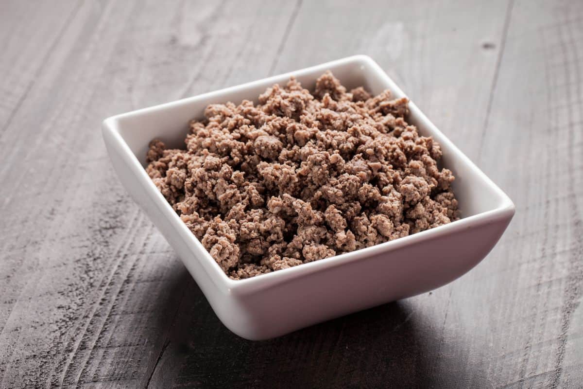white dish of cooked ground beef