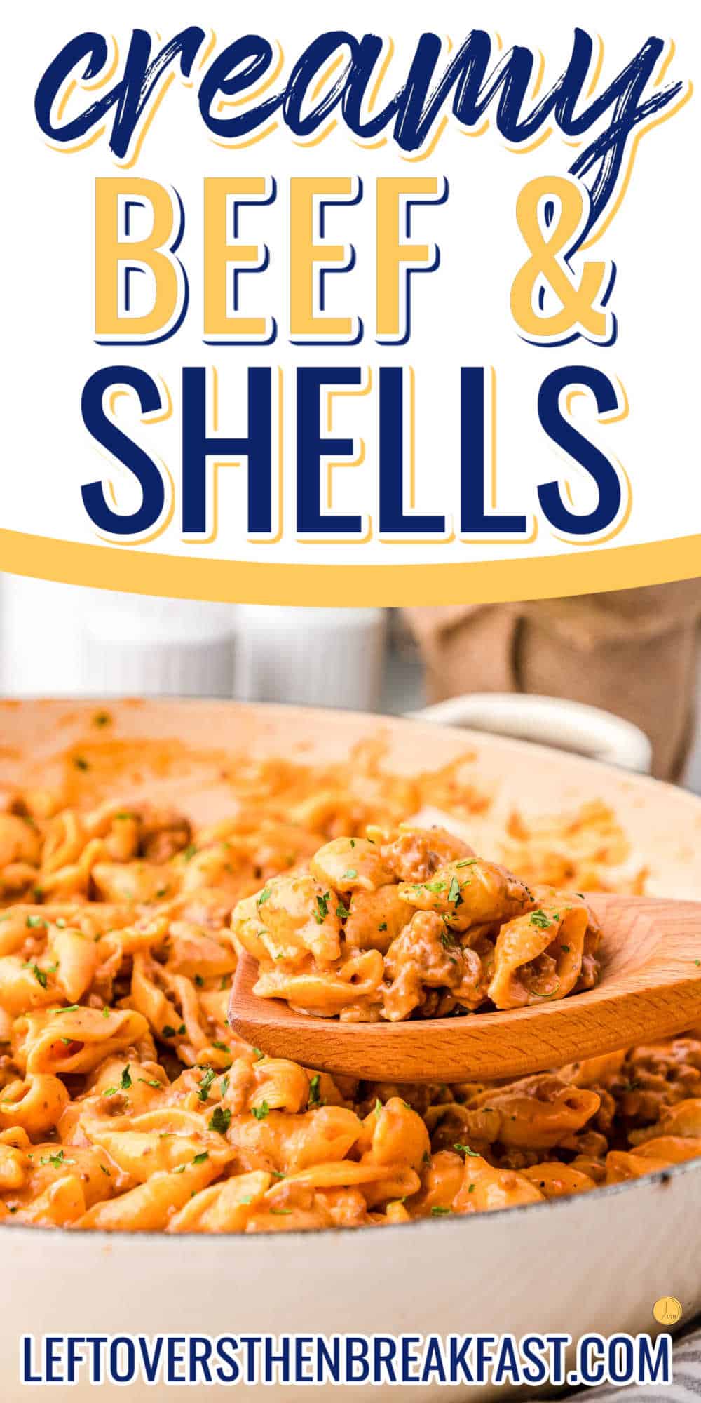 skillet of shells with white banner and text