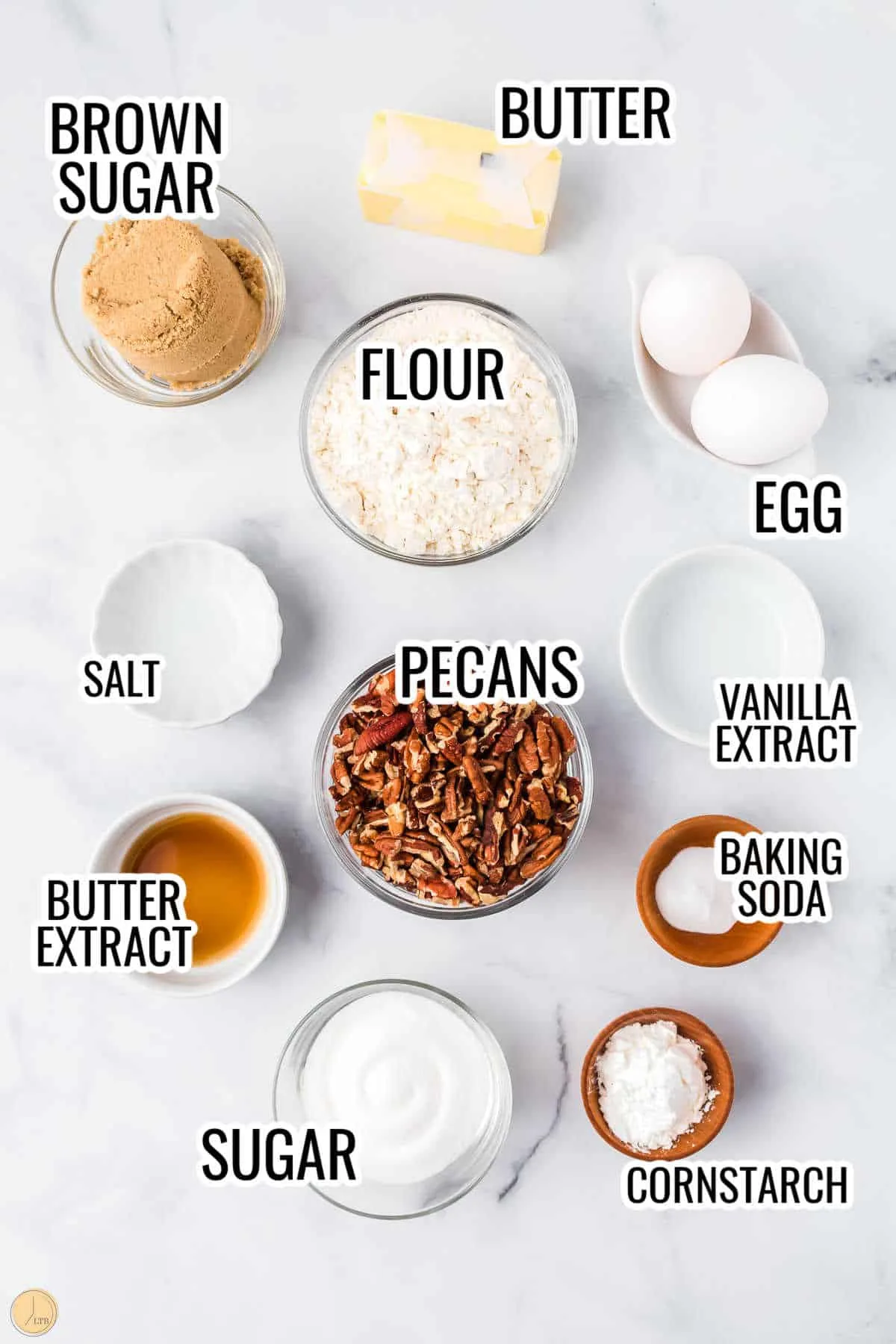 labeled picture of individual ingredients for butter pecan cookies recipe