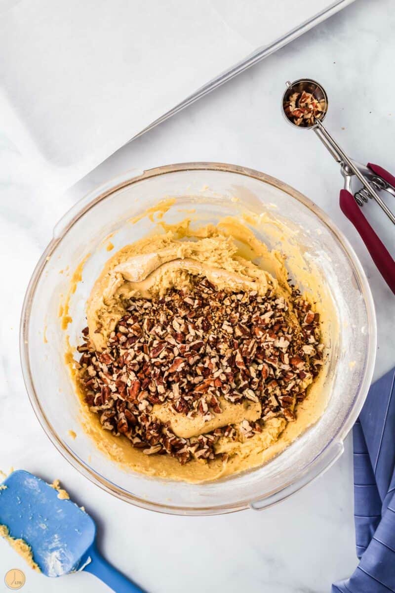 toasted pecans in a bowl of cookie dough for extra nutty flavor