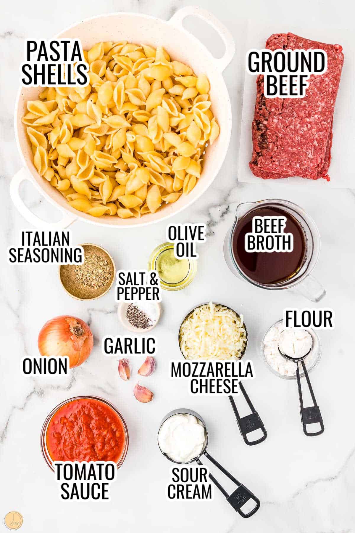 labeled picture of ingredients for beef and shells