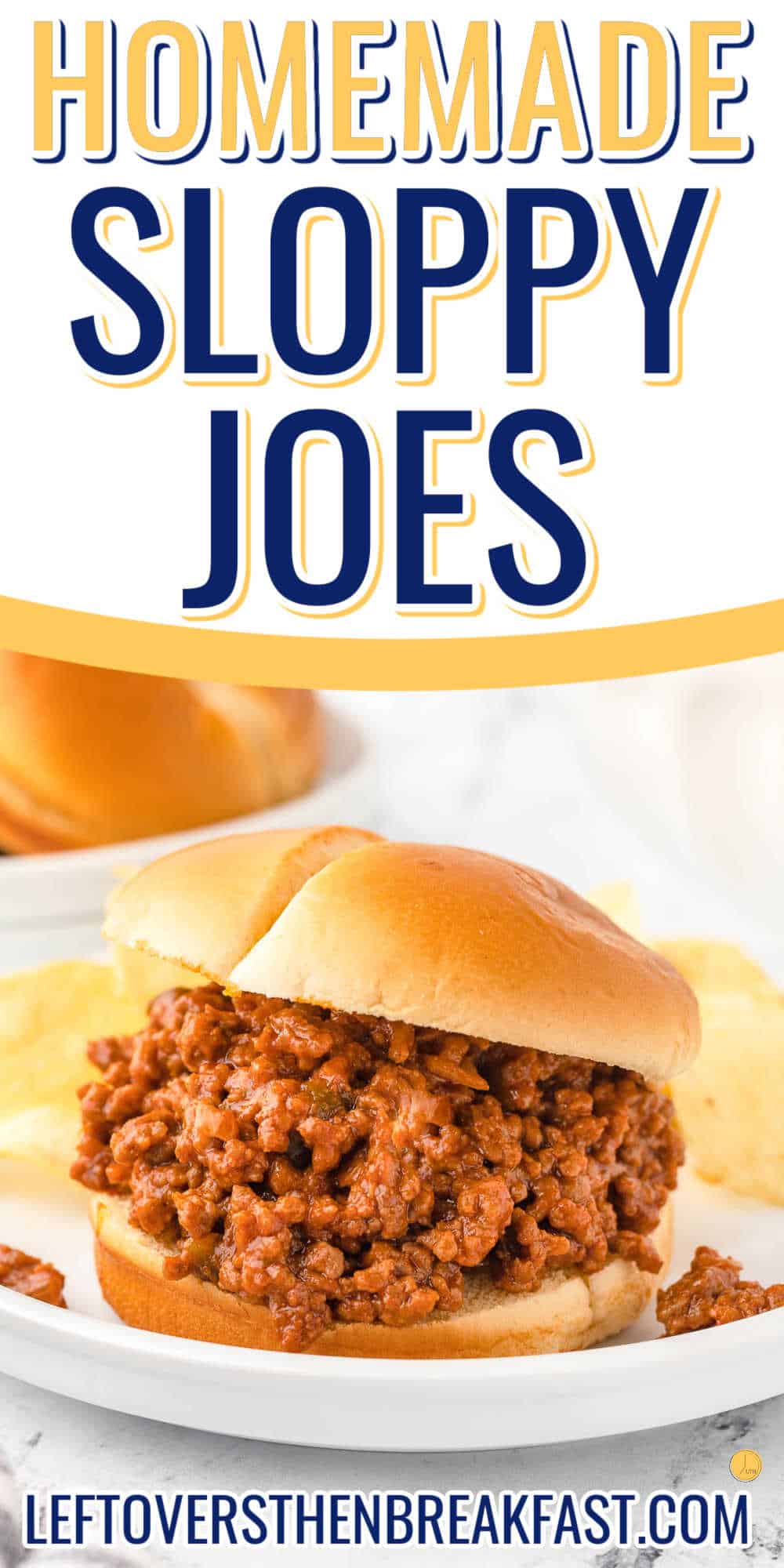 sloppy joe sandwich on a plate with white banner and text
