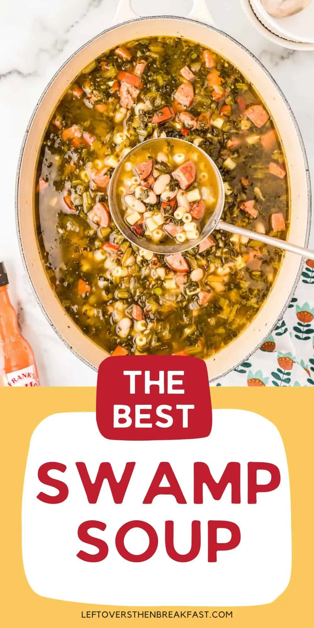 overhead pic of soup pot with yellow banner and red text