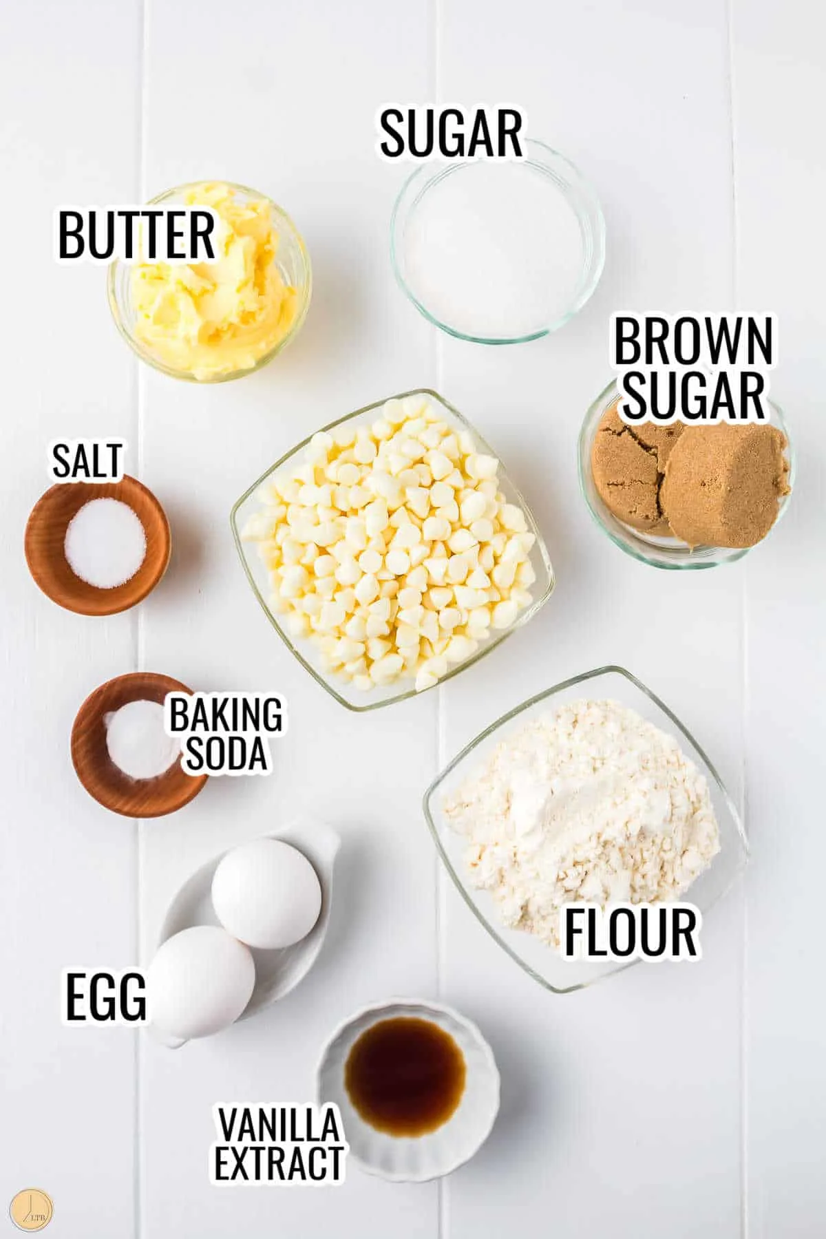 labeled picture of white chocolate cookie ingredients