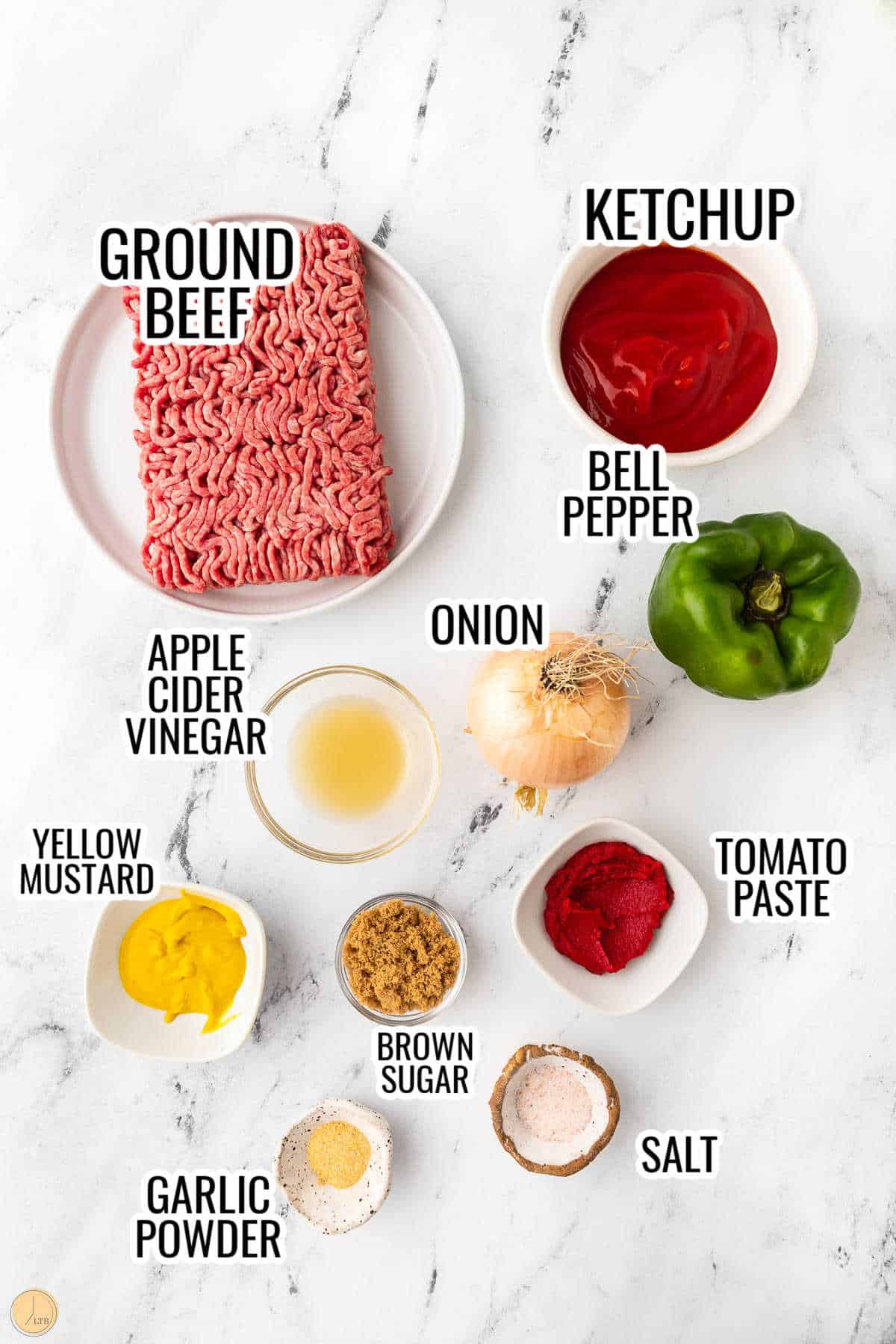 labeled picture of ingredients for traditional sloppy joes