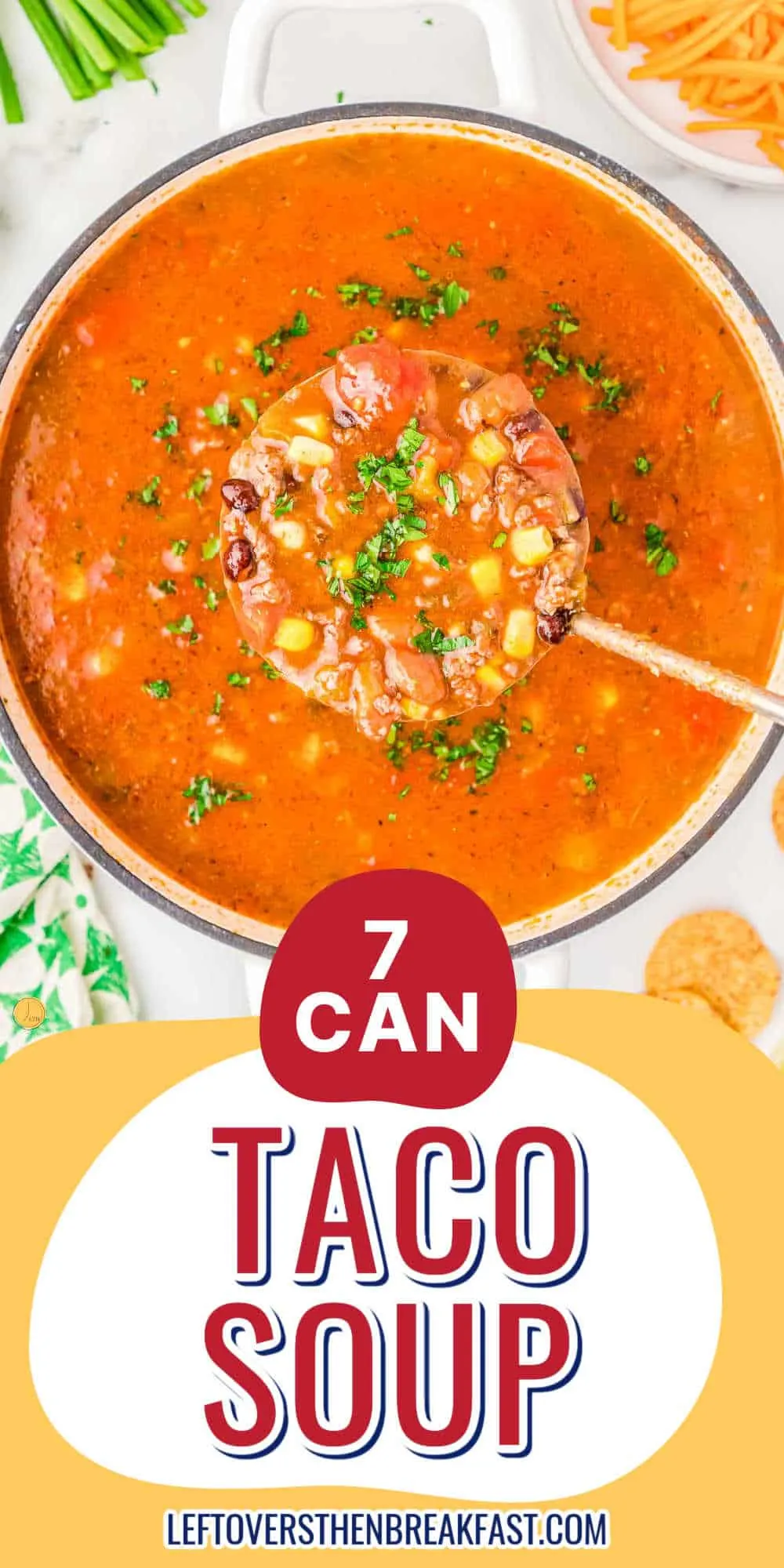 overhead of pot of soup with yellow and red banner and text