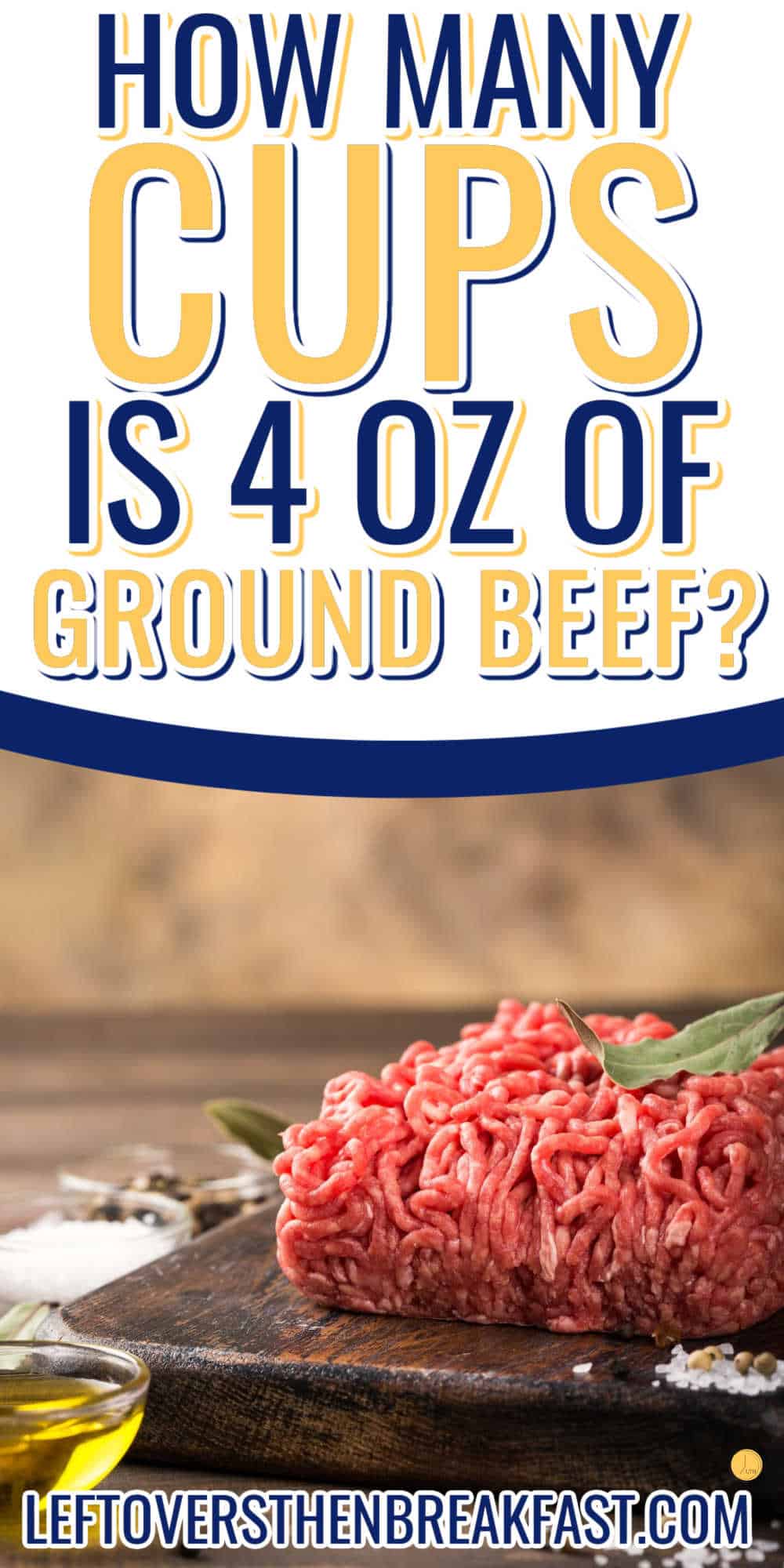 4 oz portion of ground beef on wood board with text and white banner