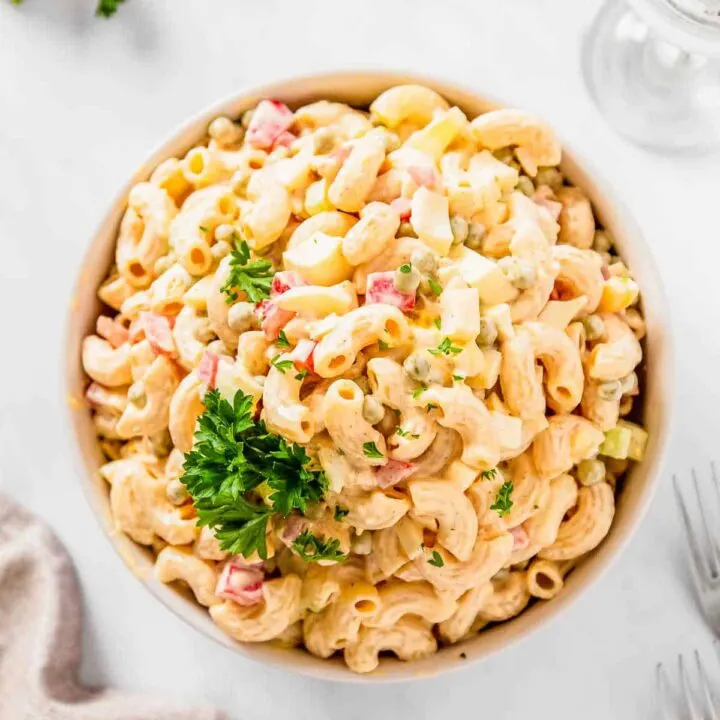classic recipe for macaroni salad in a bowl