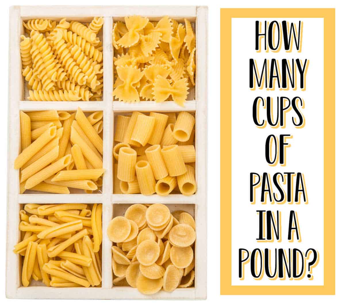 box with a small measure of pasta shapes in each section with text