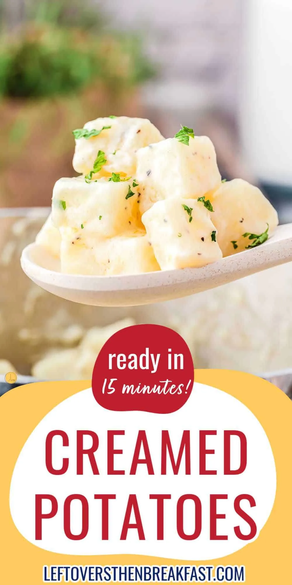 spoon of potatoes in sauce with a yellow banner
