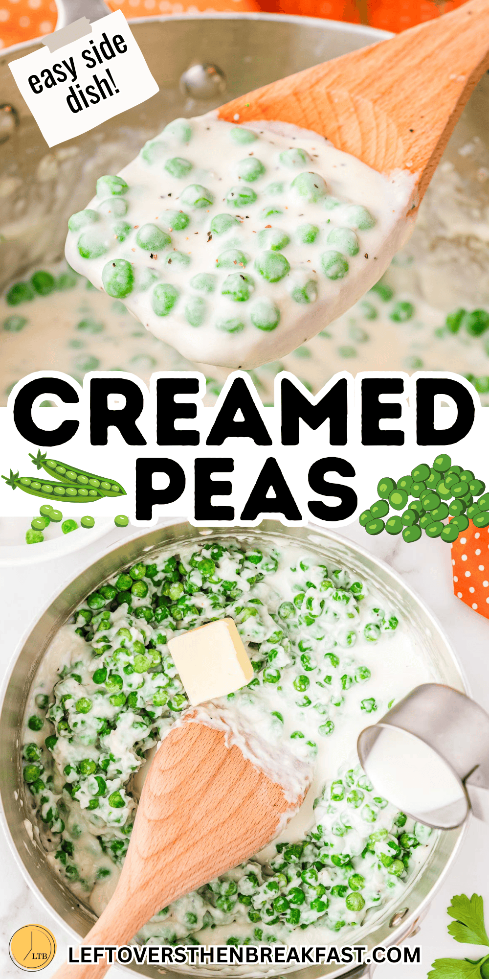 collage of creamed peas pictures as a pinterest image