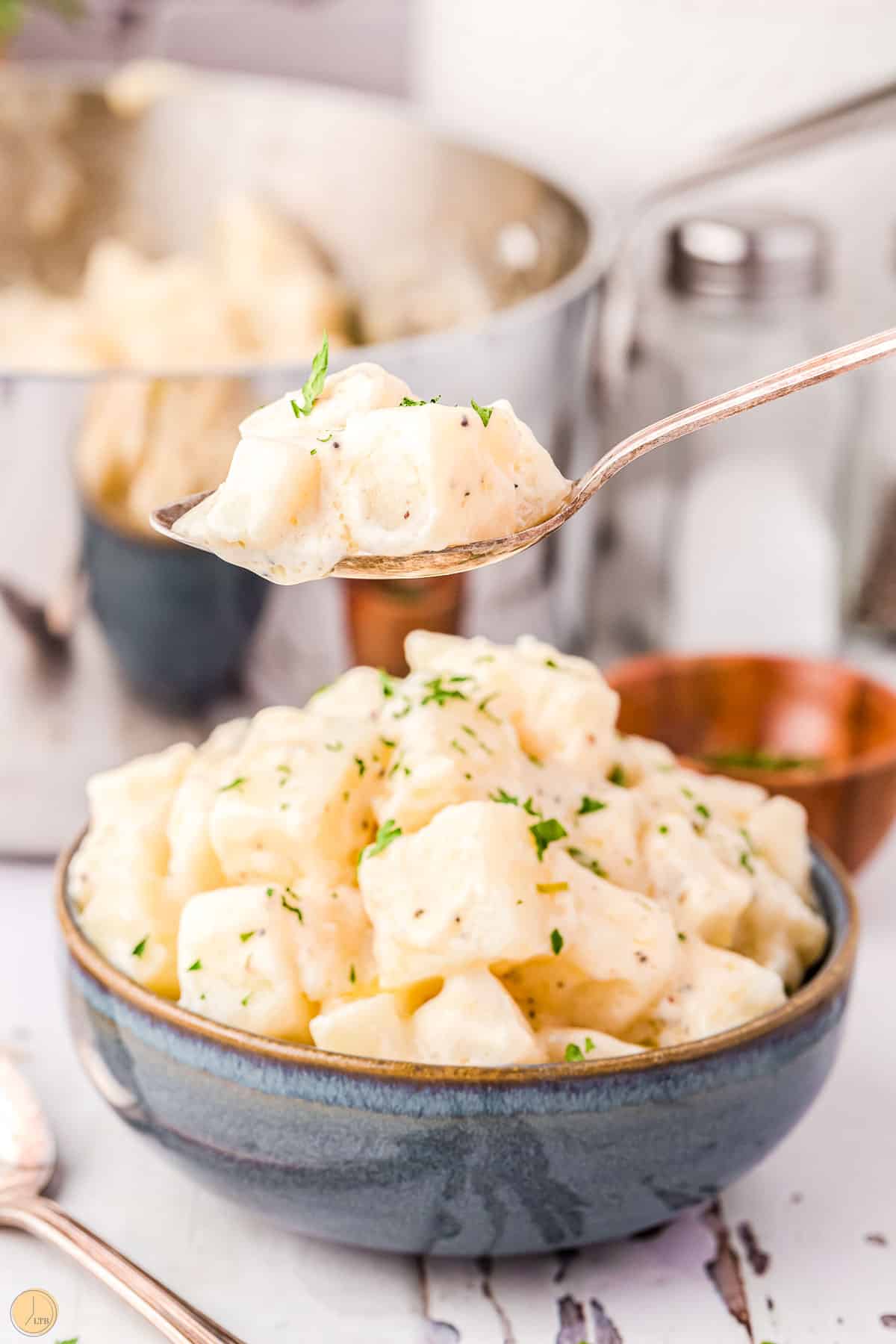 creamed potatoes in a bowl with a spoon