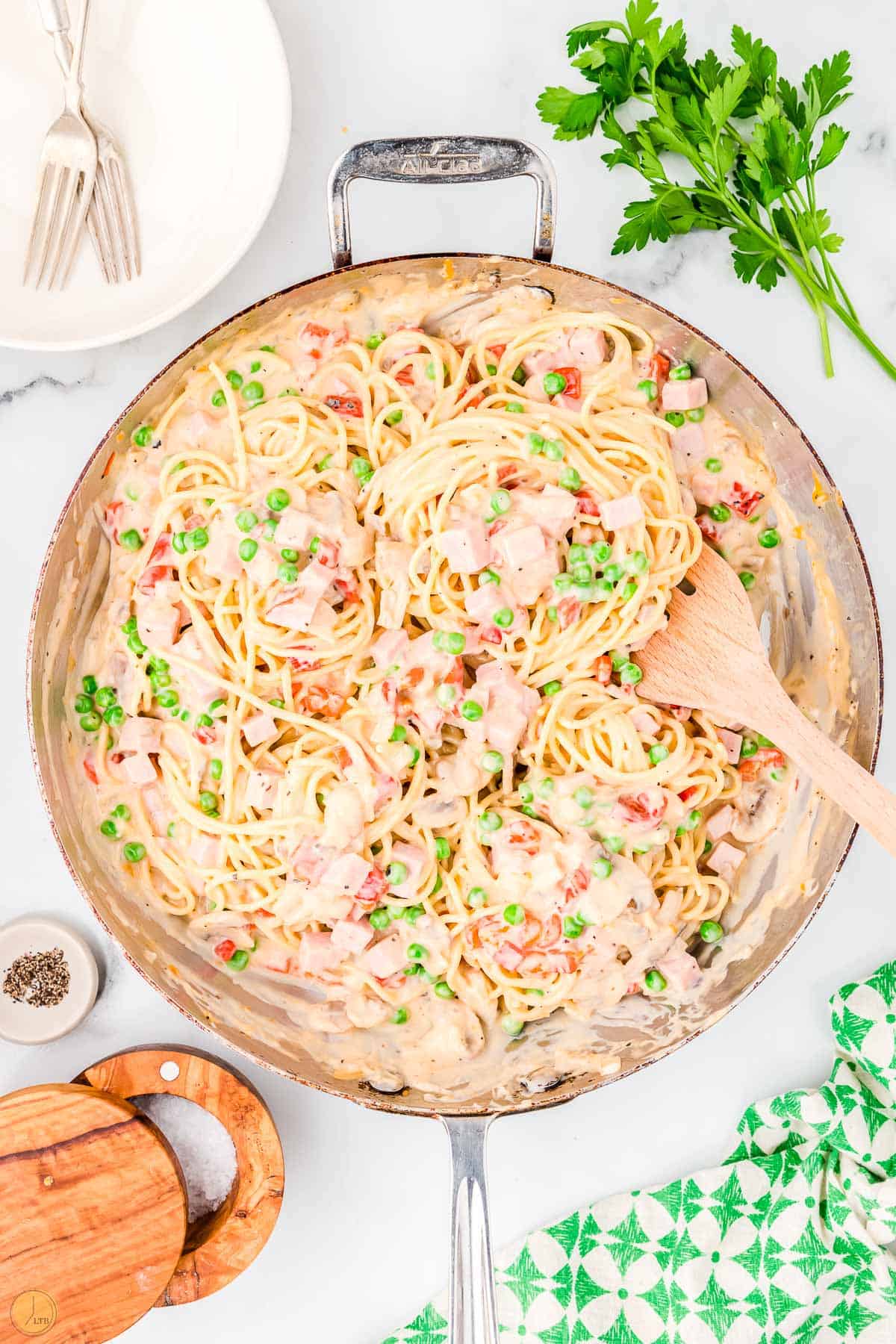 finished ham tetrazzini in a pan