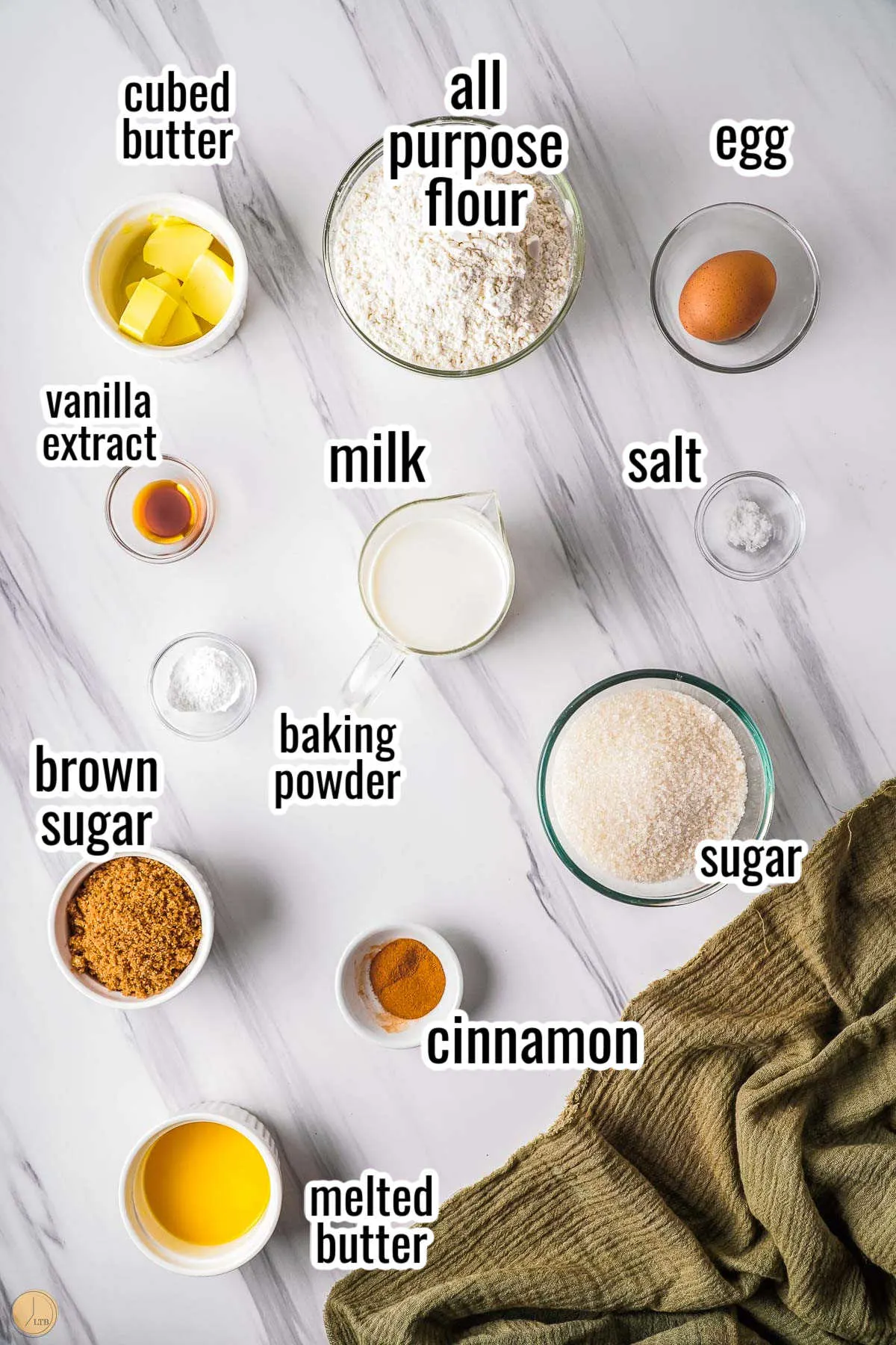 main ingredients for cake like cups flour, pinch salt, cups sugar, tablespoons of butter