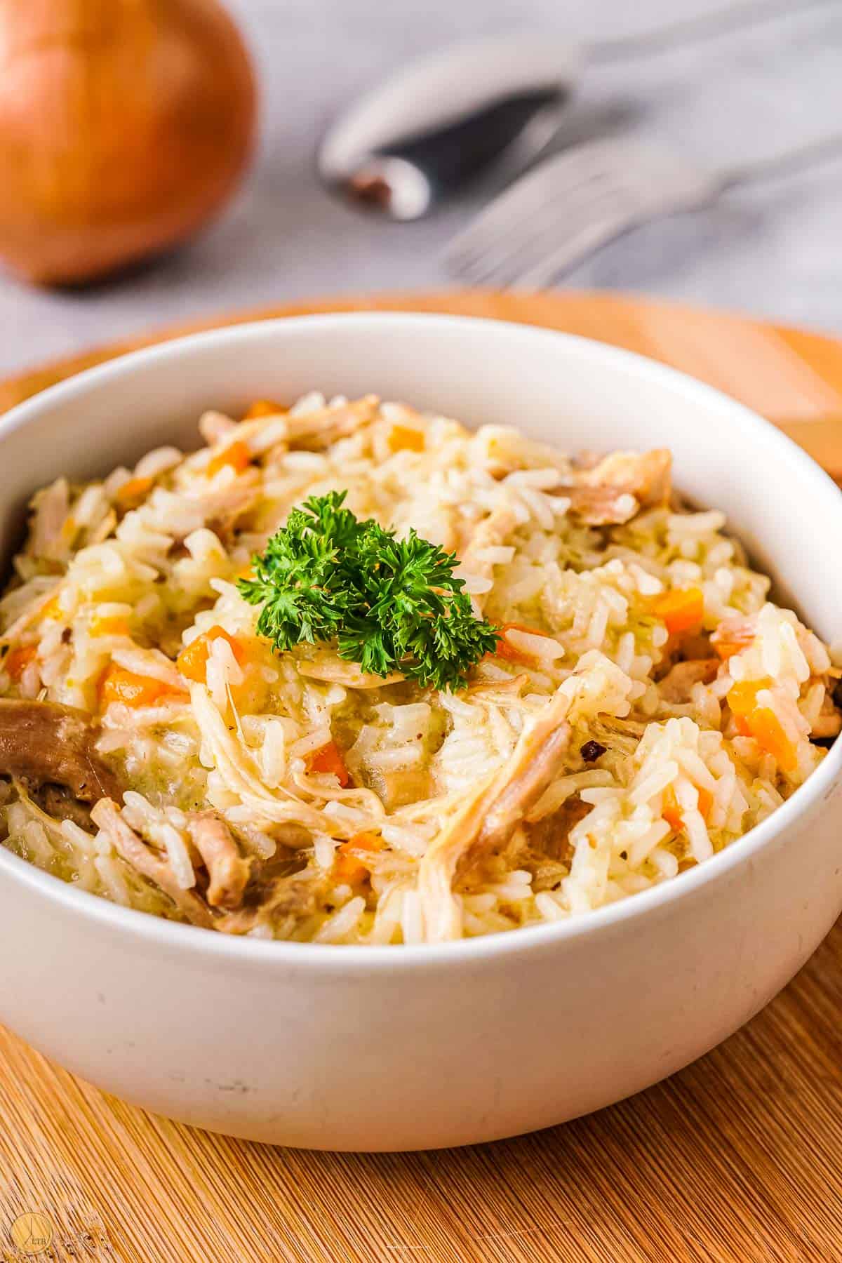 bowl of stewed chicken and rice with spoons