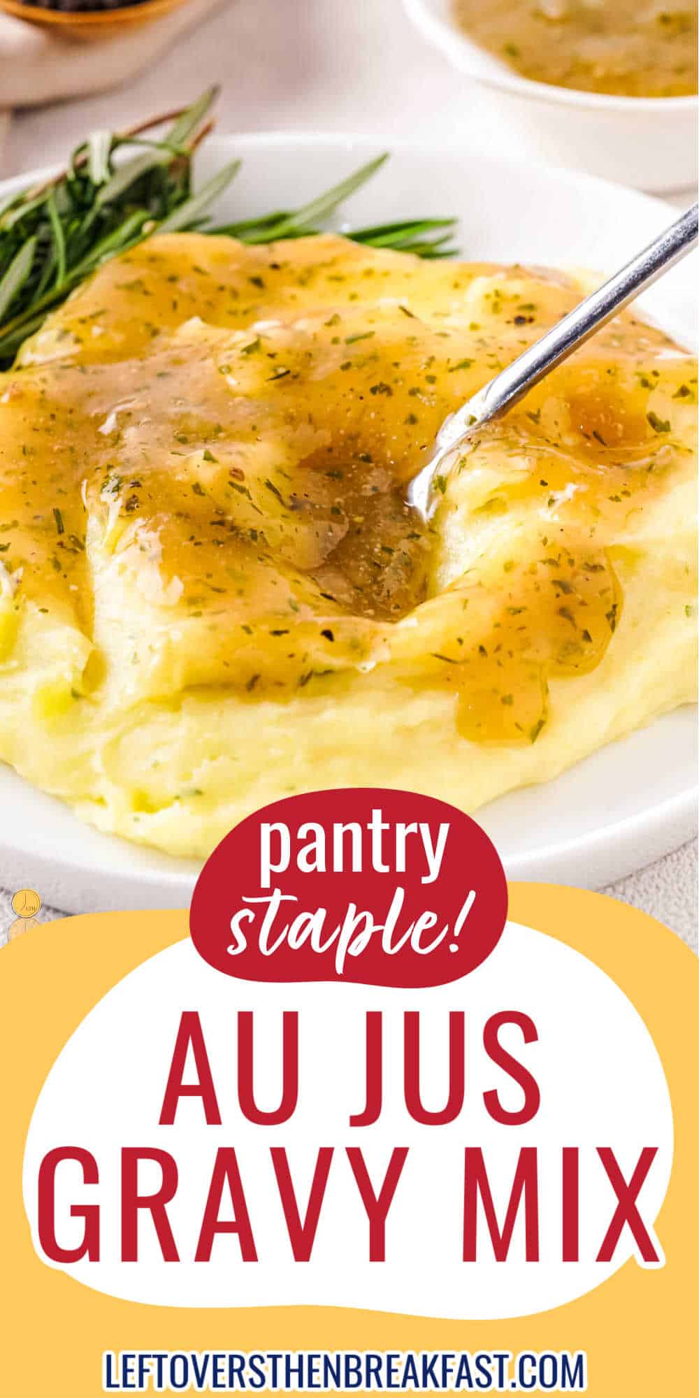 gravy on mashed potatoes with a yellow banner and red text
