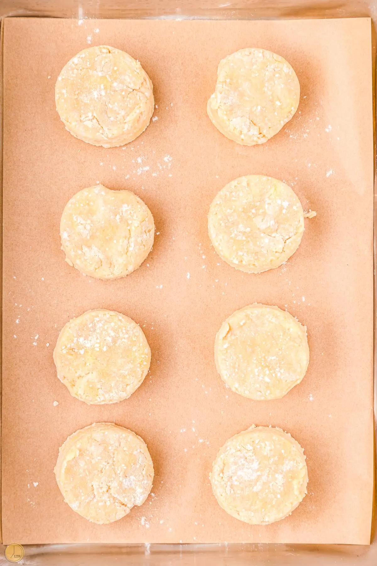 raw biscuits and parchment paper on a nonstick cookie sheet
