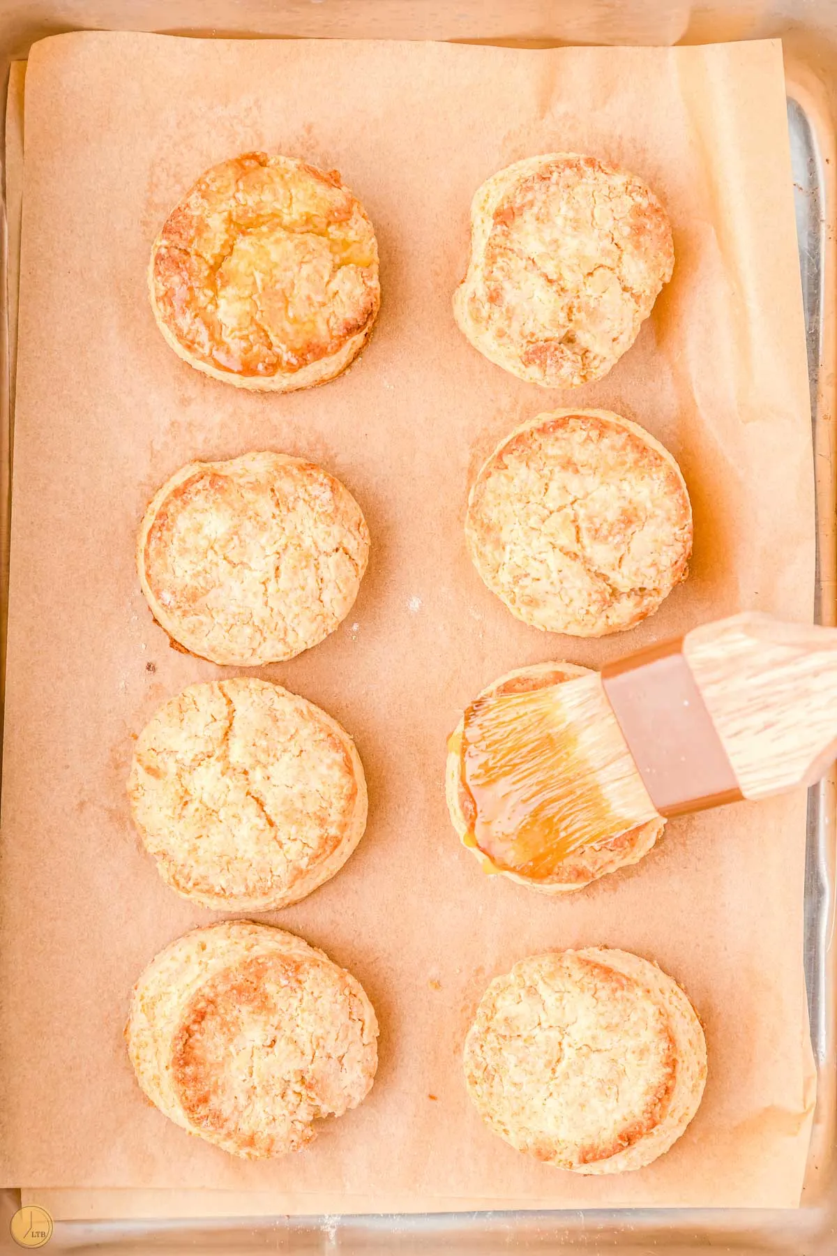 warm biscuits on an ungreased cookie sheet with a brush on top