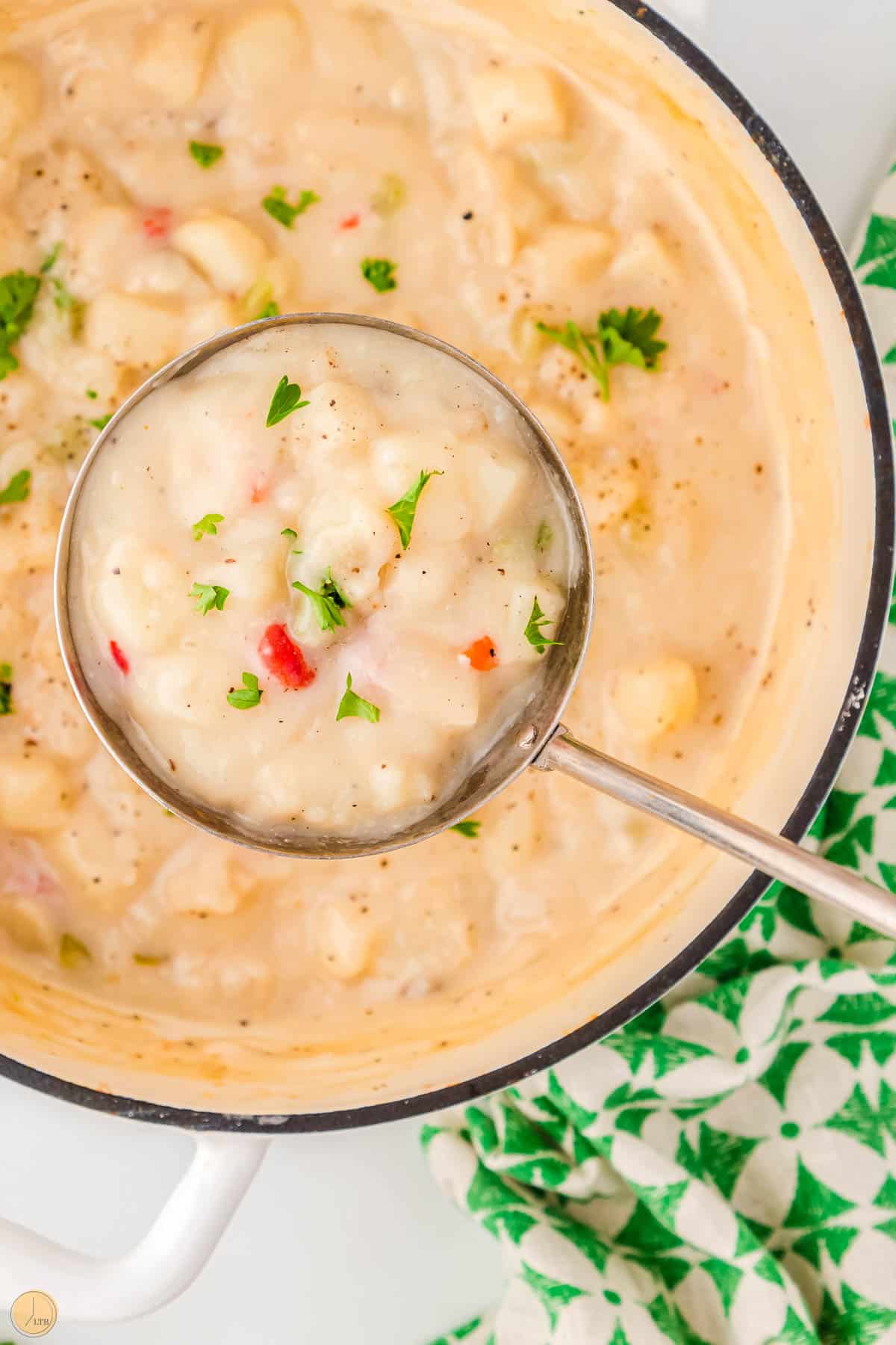 3-ingredient potato soup in a large pot with a ladle