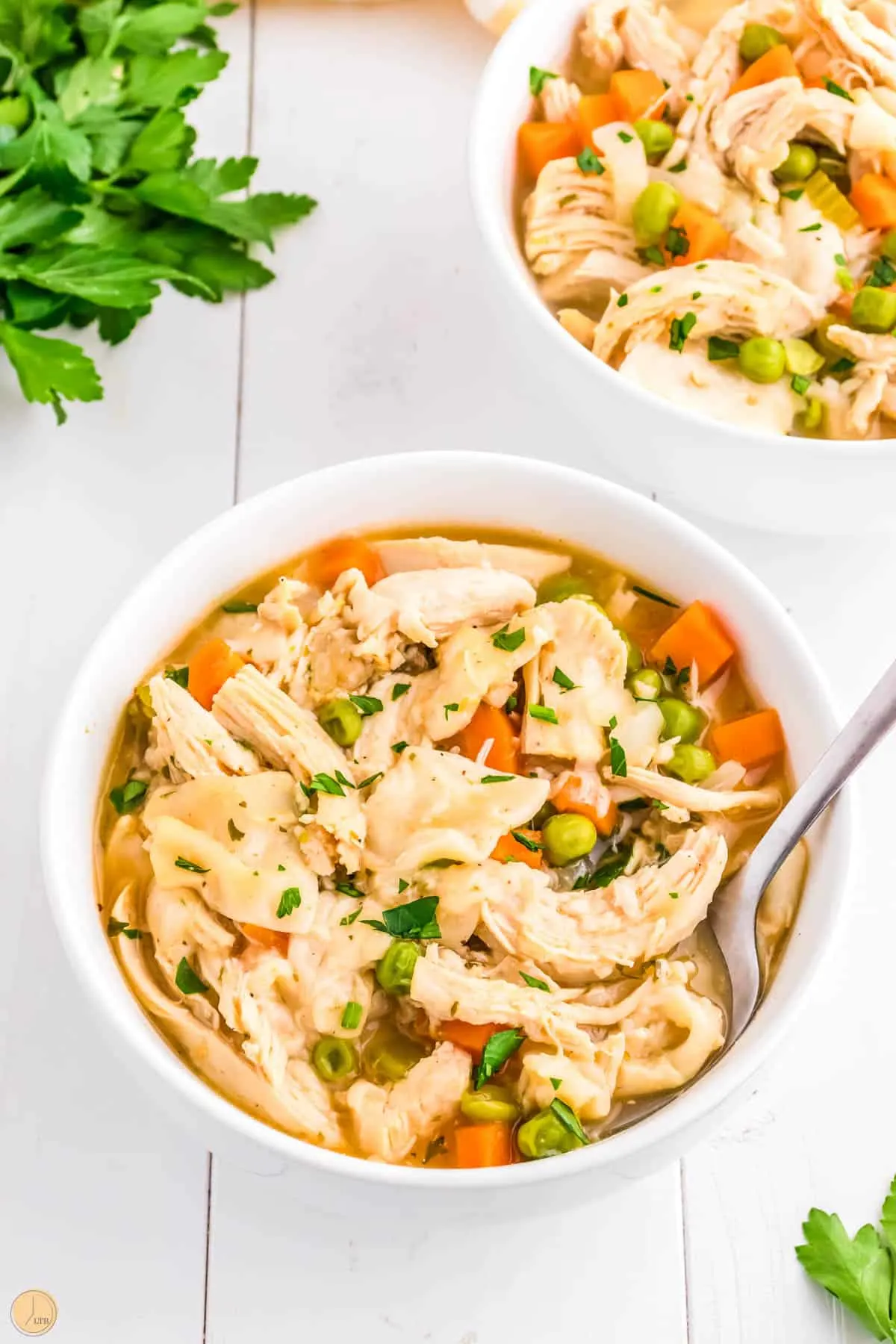 bowl of chicken soup like chicken and dumplings with tortillas