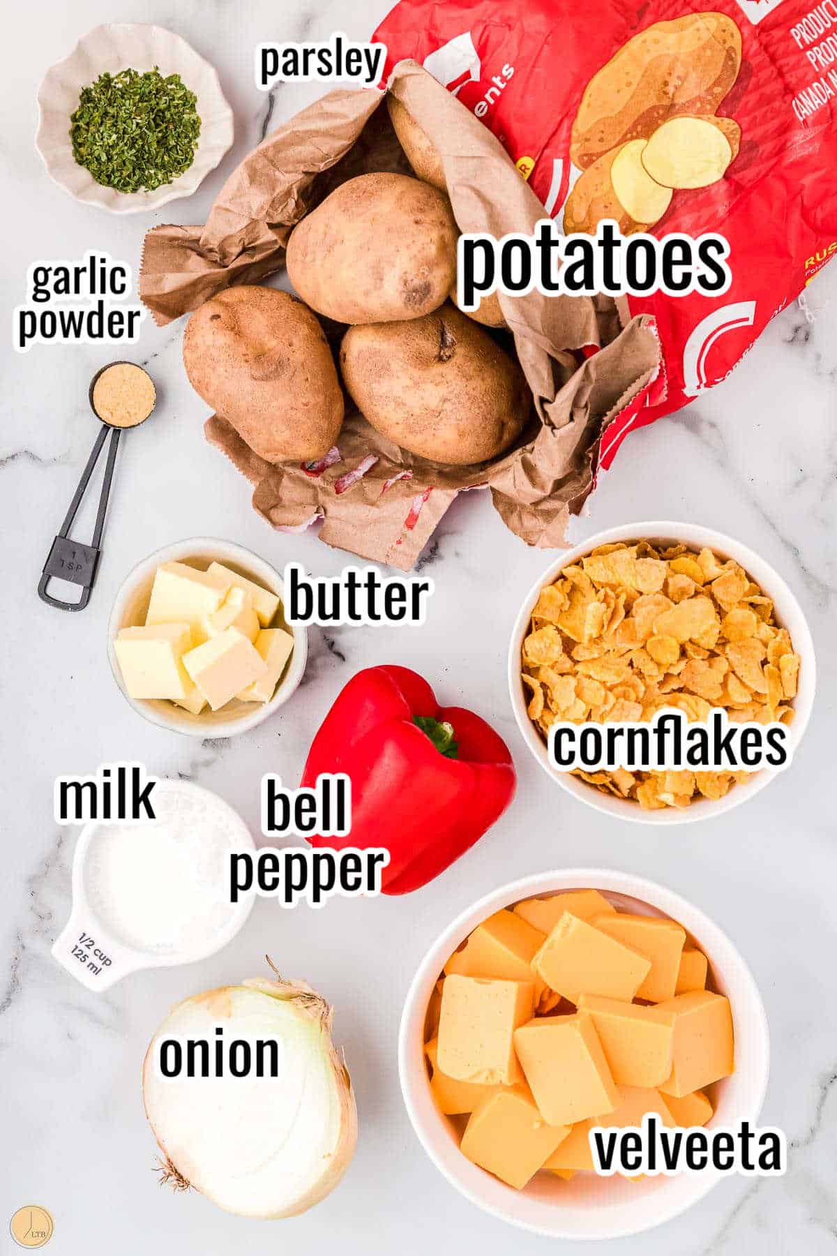 ingredients for cottage potatoes like tablespoons of butter and tablespoons parsley