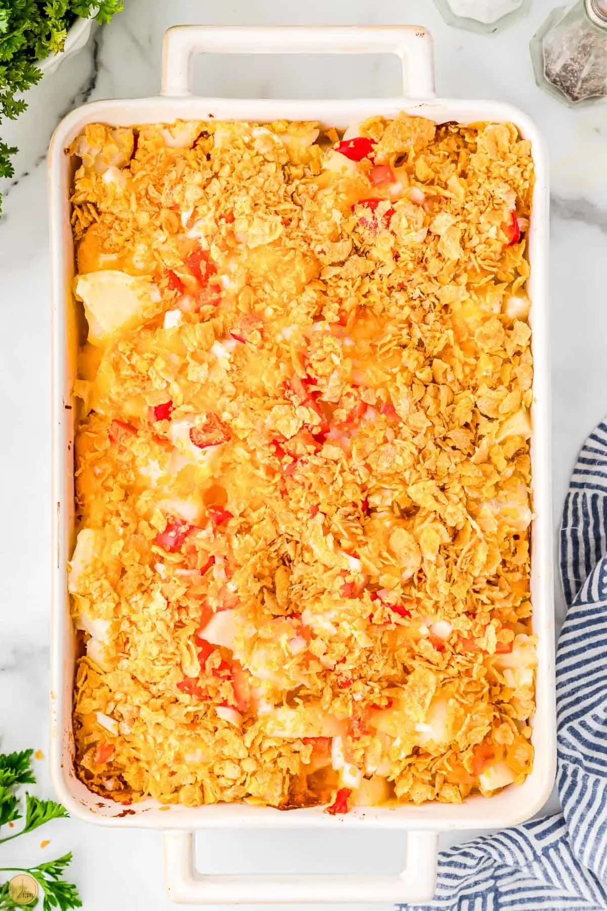 baked casserole in a white baking dish