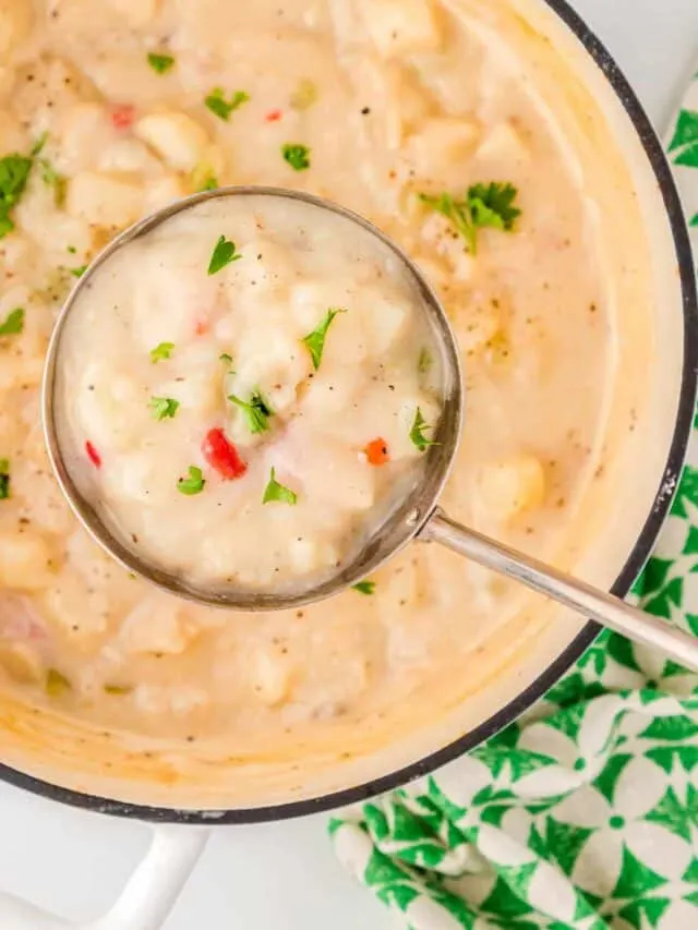 3-ingredient potato soup in a large pot with a ladle