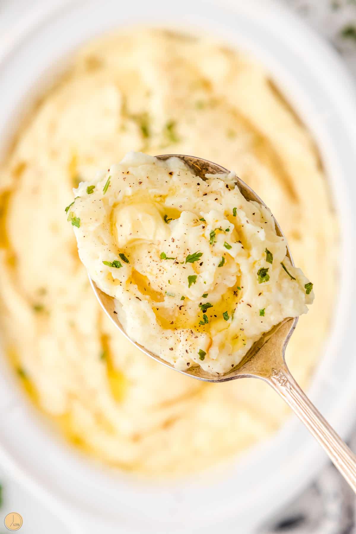 spoon of mashed potatoes with fresh parsley