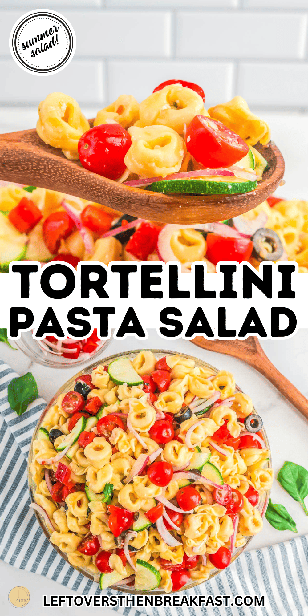 tortellini pasta salad on a spoon